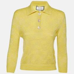 Pre Owned Gucci Yellow Monogram Patterned Lurex Knit Long Sleeve Polo XS