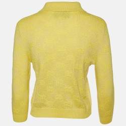 Pre Owned Gucci Yellow Monogram Patterned Lurex Knit Long Sleeve Polo XS