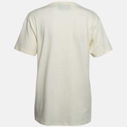 Pre Owned Gucci Cream Ribbon Horse Buckle Print Cotton T-Shirt S