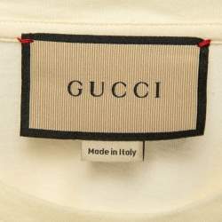 Pre Owned Gucci Cream Ribbon Horse Buckle Print Cotton T-Shirt S
