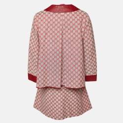 Gucci Red Monogram Jacquard Leather Trimmed Blazer & Skirt Set M