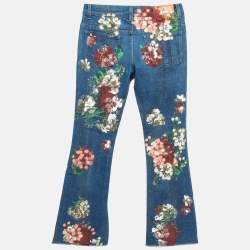 Pre Owned Gucci Blue Floral Hand Painted Denim Jeans XS Waist 23"