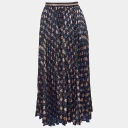 Pre Owned Gucci Navy Blue Heart Pattern Lamé Plisse Midi Skirt S