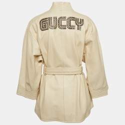 Pre Owned Gucci Beige Logo Studded Genuine Leather Belted Jacket M