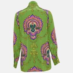 Gucci Green Printed Silk Tie-Neck Blouse M