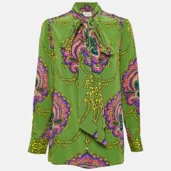 Gucci Green Printed Silk Tie-Neck Blouse M