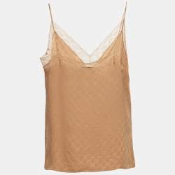 مملوكة مسبقًا Gucci Beige GG Lace Trim Silk Camisole Top L