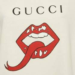 مملوكة مسبقًا Gucci Cream Mouth Print Cotton Knit Crew Neck T-Shirt S