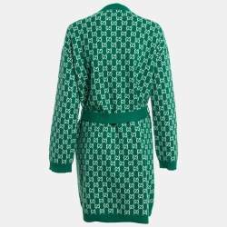 Gucci Green GG Patterned Wool Knit Belted Long Cardigan S
