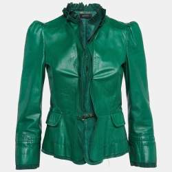 Pre Owned Gucci Green Leather Pleated Crop Leather Jacket M