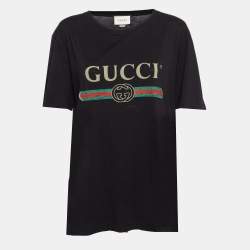 Pre Owned Gucci Black Logo Print Jersey Distressed T-Shirt M