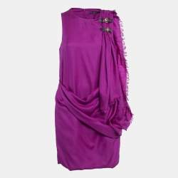 Pre Owned Gucci Pink Leather Buckle Trim Gabardine Draped Short Dress S