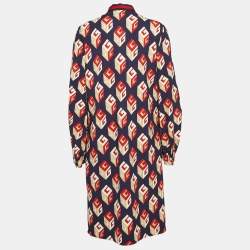 Pre Owned Gucci Blue GG Wallpaper Print Jersey Crystal Closure Midi Dress XXL