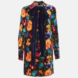 Gucci Multicolor Floral Print Studded Velvet Bow Detail Mini Dress S