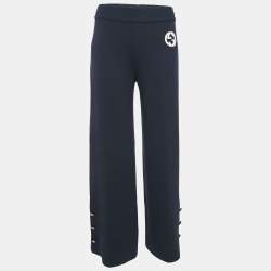 Pre Owned Gucci Navy Blue Textured Stretch Knit Wide Leg Trousers M