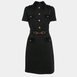 Gucci Black Embellished Closure Wool and Suede Belted Short Dress M