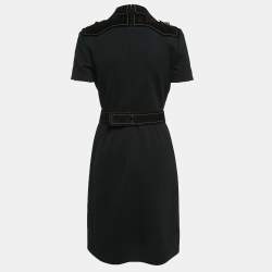 Gucci Black Embellished Closure Wool and Suede Belted Short Dress M