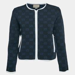 Pre Owned Gucci Navy Blue Zima Jacquard Knit Zip-Up Cardigan L