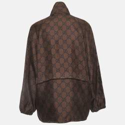Pre Owned Gucci Brown GG Supreme Print Silk Zip-Up Tape Trim Jacket S