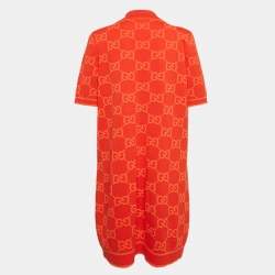 Pre Owned Gucci Red GG Jacquard Cotton Knit Midi Polo Dress XL