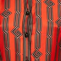 Pre Owned Gucci Orange Square G chain Print Silk Tie-Up Neck Pleated Midi Dress M