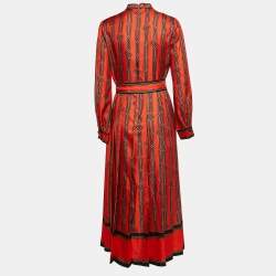 Pre Owned Gucci Orange Square G chain Print Silk Tie-Up Neck Pleated Midi Dress M