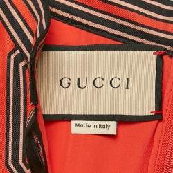 Pre Owned Gucci Orange Square G chain Print Silk Tie-Up Neck Pleated Midi Dress M