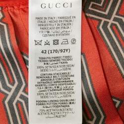 Pre Owned Gucci Orange Square G chain Print Silk Tie-Up Neck Pleated Midi Dress M