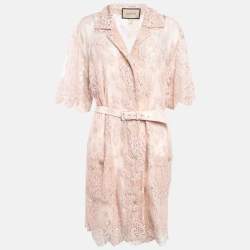 Gucci Pink Floral Lace Belted Shirt Dress XL