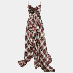 Gucci Multicolor Tartan Pattern Embellished Wool Asymmetric Gown M