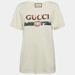 Gucci Cream Logo Sequin Embellished Round Neck Oversize T-Shirt S
