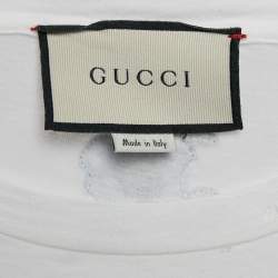 Pre Owned Gucci White Floral Embroidery Cotton Distressed Neck T-Shirt XL