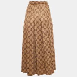 Pre Owned Gucci Brown GG Print Jersey Drawstring Pleated Midi Skirt M