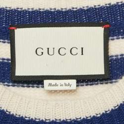 Pre Owned Gucci Blue/White Stripe Tiger Intarsia Wool Knit Jumper M
