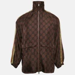 Pre Owned Gucci Brown GG Supreme Print Silk Zip-Up Jacket XS