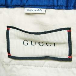 Pre Owned Gucci Blue Embroidered Linen Blend Satin Trackpants L
