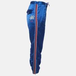 Pre Owned Gucci Blue Embroidered Linen Blend Satin Trackpants L