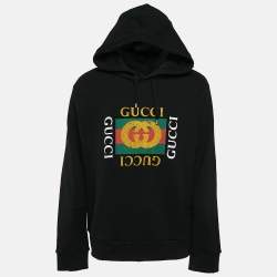 Gucci Black Vintage Print Cotton Knit Distressed Hoodie XXL