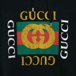 Gucci Black Vintage Print Cotton Knit Distressed Hoodie XXL