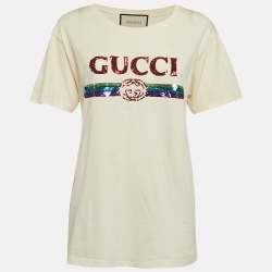 Pre Owned Gucci Cream Sequin Logo Cotton Crew Neck T-Shirt L
