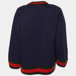 Pre Owned Gucci Navy Blue Knit Crystal Embroidered Dragonfly Patch Sweater M