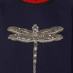 Pre Owned Gucci Navy Blue Knit Crystal Embroidered Dragonfly Patch Sweater M