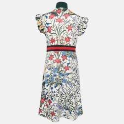 Pre Owned Gucci Floral Knit Print Zip Detail Ruffled Cap Sleeve Dress M