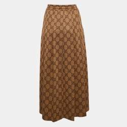 Pre Owned Gucci Brown GG Supreme Print Jersey Pleated Maxi Skirt M