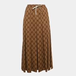 Pre Owned Gucci Brown GG Supreme Print Jersey Pleated Maxi Skirt M