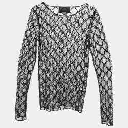 Pre Owned Gucci Black GG Embroidered Tulle Long Sleeve Sheer Top M