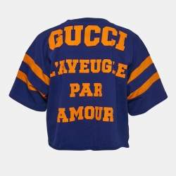 Gucci Blue Printed Cotton Raw Edge Detail Cropped T-shirt XS