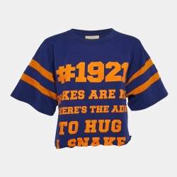 Gucci Blue Printed Cotton Raw Edge Detail Cropped T-shirt XS