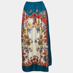 Pre Owned Gucci Teal Blue/ Red Floral Print Silk Gathered Maxi Skirt M