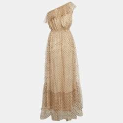 Pre Owned Gucci Beige Swiss Dot Tulle One-Shoulder Maxi Dress M